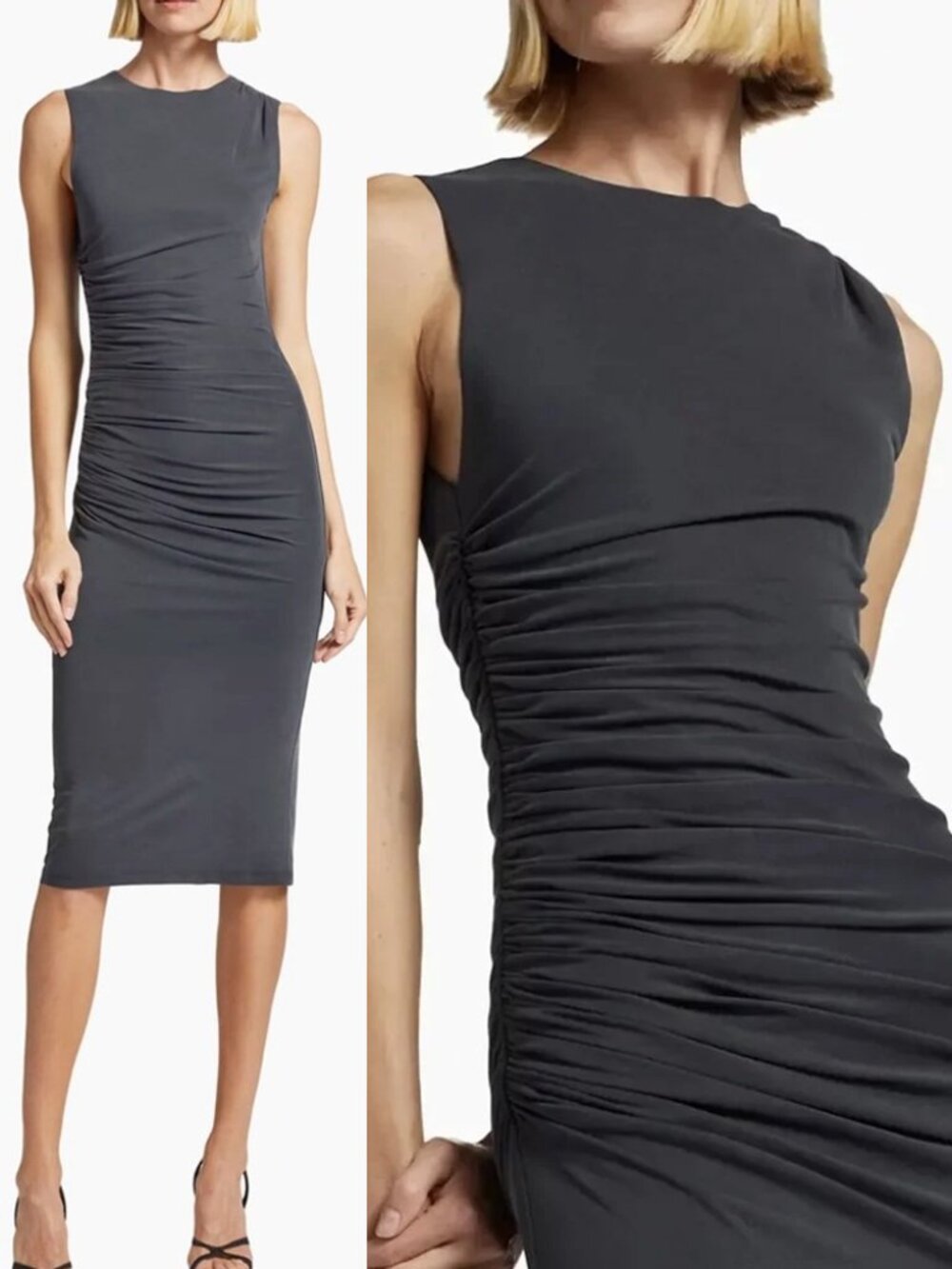 Alice + Olivia AIR Grey Derika Ruched Midi Dress Size 6 Bodycon Stretchy $295